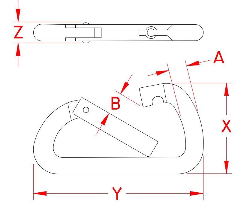 Stainless Steel Asymmetrical Spring Clip, Forged, Load Rated, S0140-0080, S0140-0100, Line Drawing